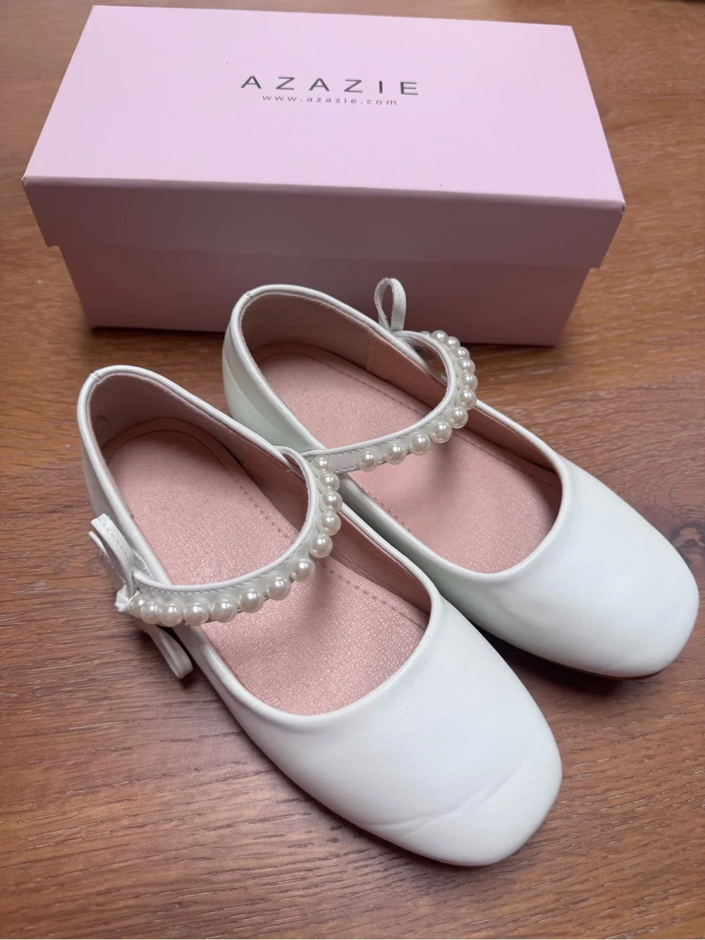 Azazie Girls White Pearl-Accent Mary Jane Flats